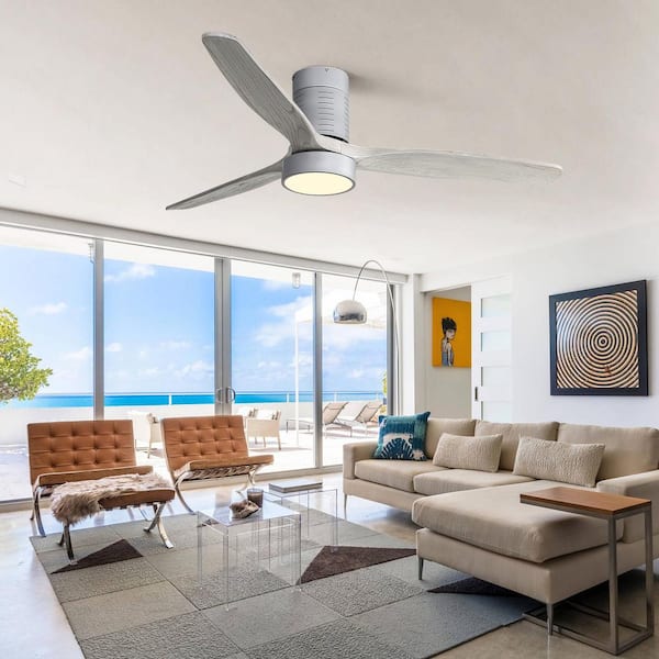 52 in. Indoor Flush Mount Ceiling Fan with 3 Solid Wood Blades Remote Control Reversible DC Motor with Led Light, Silver