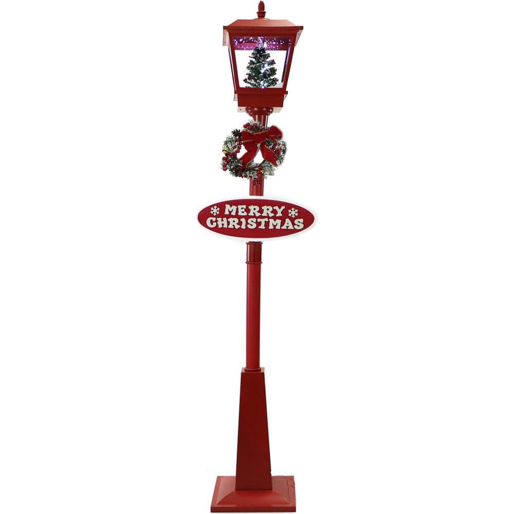 Christmas Time 71 in. Red Musical Snowy Street Lamp with Christmas Tree ...