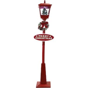 71 in. Red Musical Snowy Street Lamp with Christmas Tree Scene, 2 Signs, Cascading Snow and Holiday Songs