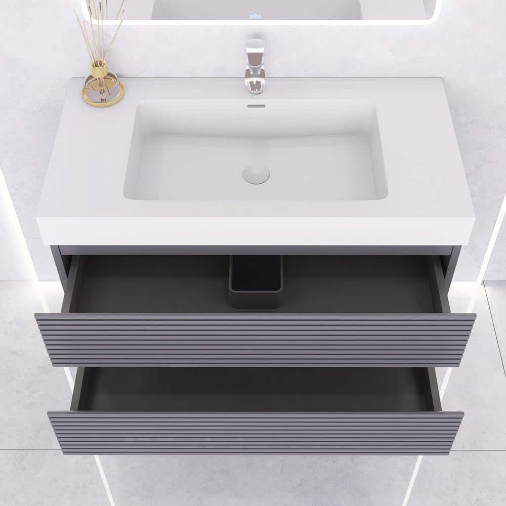 36" Gray Plywood Floating Vanity with White Acrylic Top