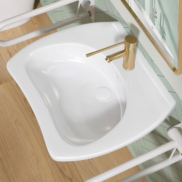 24 in. ADA Compliant Ceramic Sink Wall-Hung Accessible Sink for Wheelchair with White Drain and Overflow
