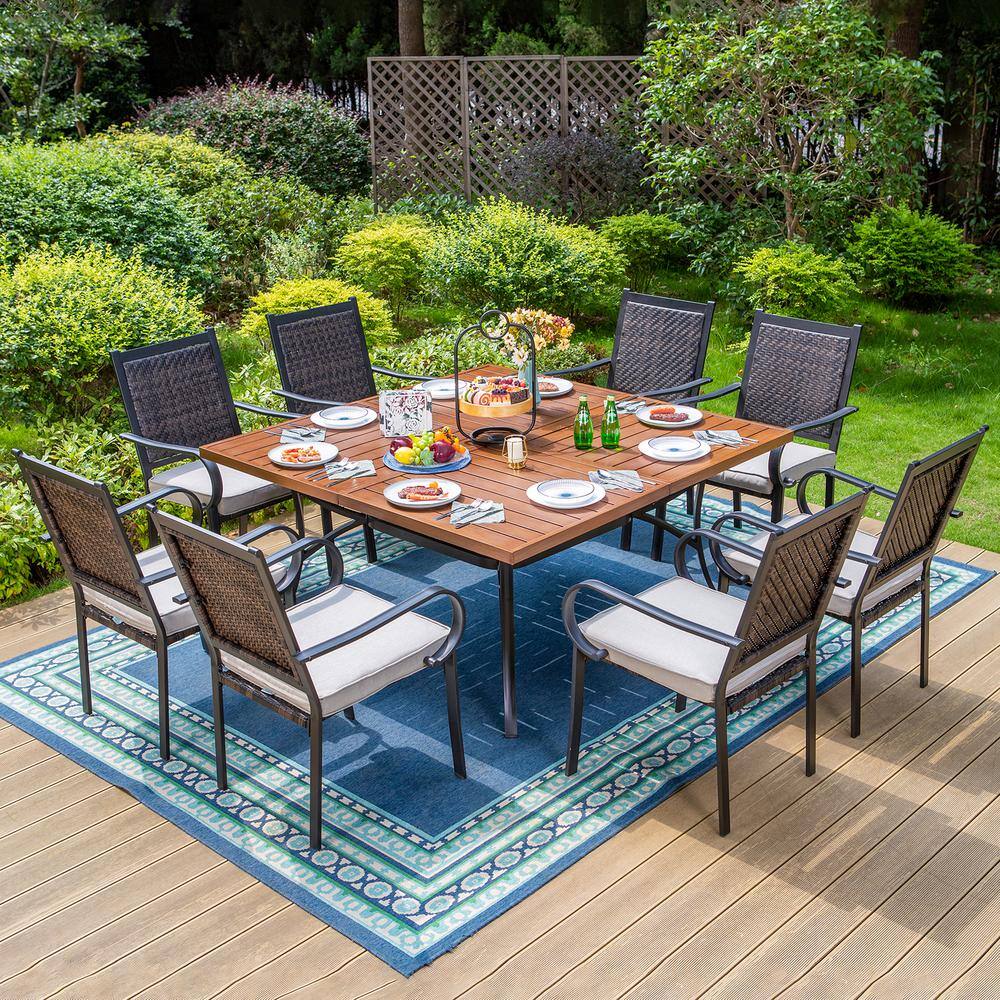 PHI VILLA Black 9-Piece Metal Square Patio Outdoor Dining Set with Wood ...