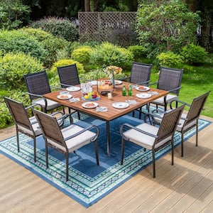 Black 9-Piece Metal Square Patio Outdoor Dining Set with Wood Finish Table and Rattan Arm Chairs with Beige Cushion