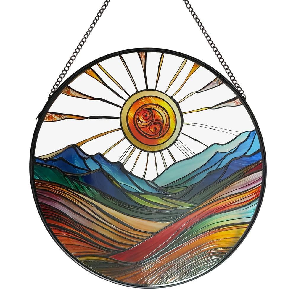 Angel Sar 9.8 in. Sun Mountains Stained Boho Glass Panel Round