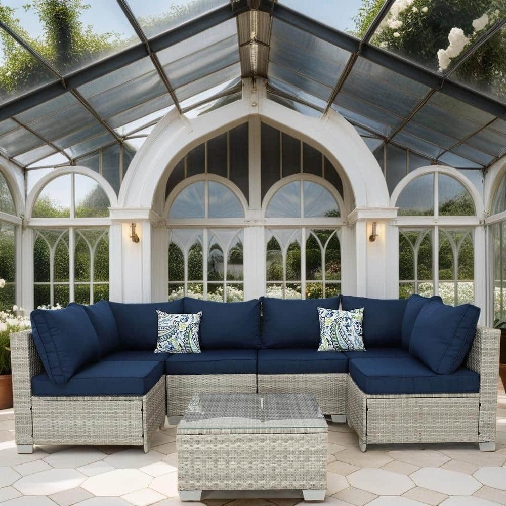 7 -Piece Gray Wicker Outdoor Conversation Sectional Set with Dark Blue Cush