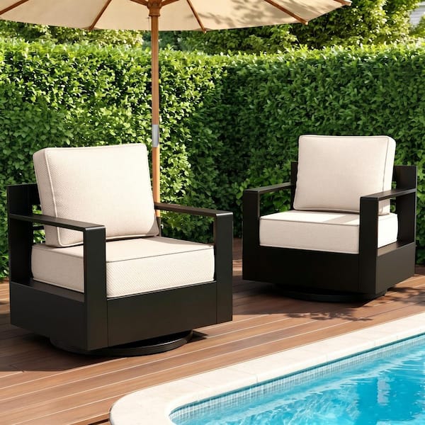 2-Pack Aluminum Outdoor Rocking Chair Patio Swivel Chair with Deep Seating and Thick Beige Cushions