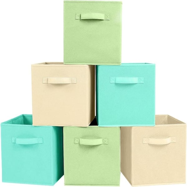 11 in. H x 10.5 in. W x 10.5 in. D  Beige+Green+Mint Green Fabric Collapsible Cube Storage Bin, Pack of 6