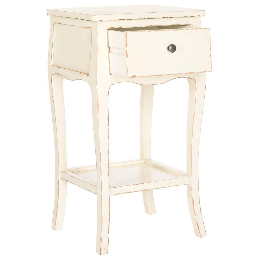 Vintage Cream Rectangular Wood End Table with Storage
