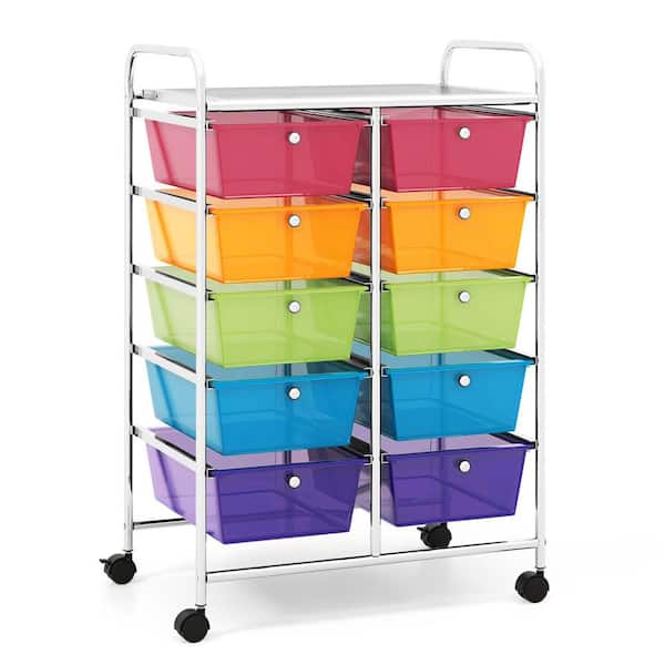 Costway 10-Drawer 4-Wheeled Plastic Storage Cart Utility Rolling Trolley Kitchen Office Organizer in Rainbow