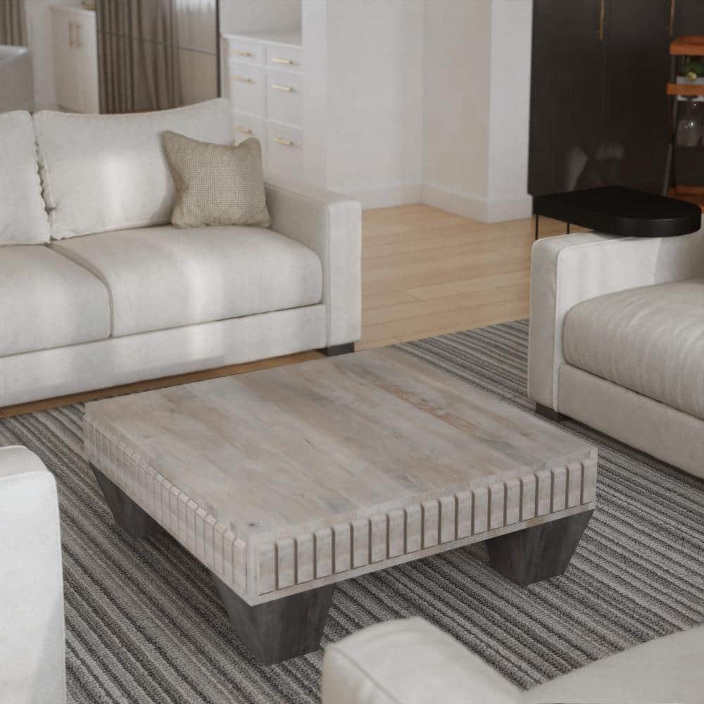 Handcrafted Sandblasted Gray Mango Wood Square Coffee Table with Tapered Legs