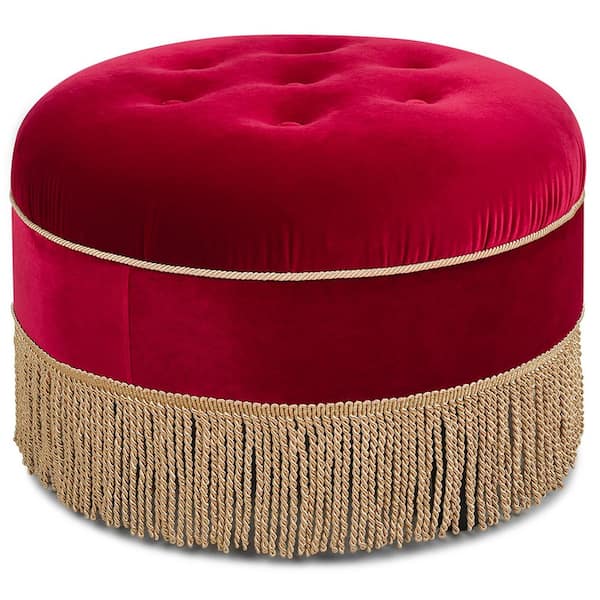 Jennifer Taylor Yolanda Siren Red Performance Velvet Round Ottoman with Gold Trim