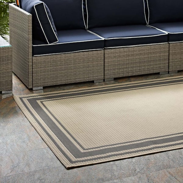 Rim Solid Border Borderline 5 ft. x 8 ft. Indoor and Outdoor Area Rug in Gray and Beige