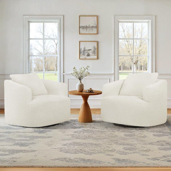 Beige Chenille Fabric Upholstered 360° Swivel Barrel Accent Chair Metal Base Swivel Arm Chair with Pillow (Set of 2)