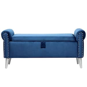 Upholstered Flip Top Bed End Storage Bench Nailhead Velvet Blue 21.7 in. H x 47 in. W x 17.3 in. D