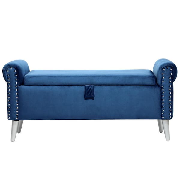 DAZONE Upholstered Flip Top Bed End Storage Bench Nailhead Velvet Blue 21.7 in. H x 47 in. W x 17.3 in. D