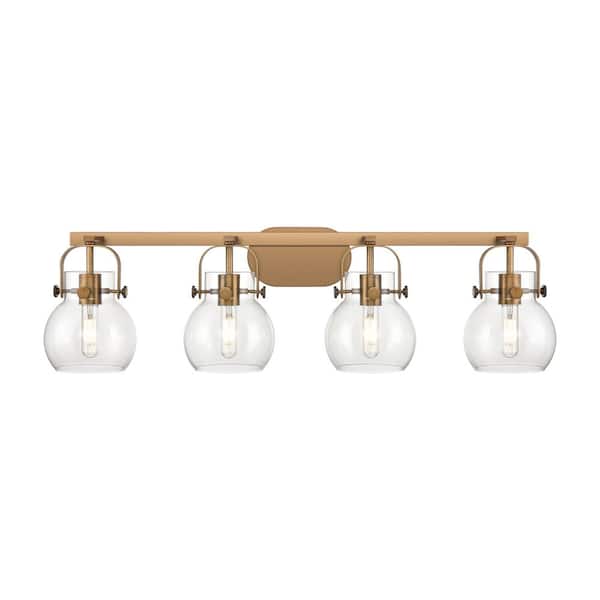 Innovations Pilaster II Sphere 36.5 in. 4-Light Brushed Brass Vanity Light with Glass Shade