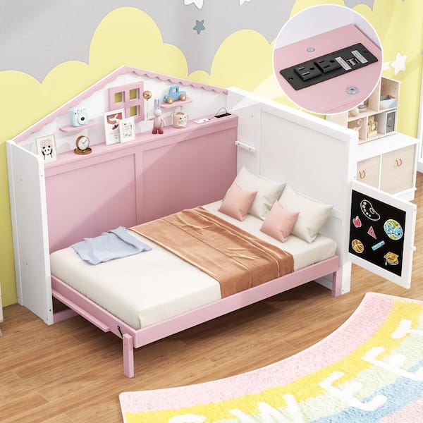 Harper & Bright Designs Pink and White Wood Frame Twin Size House Murphy Bed, Wall Bed with USB, Storage Shelves, Blackboard