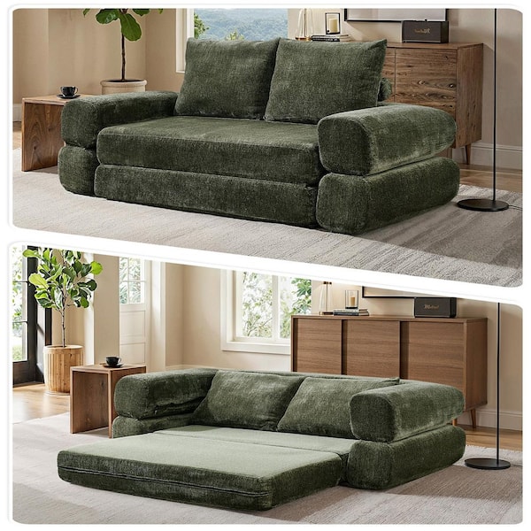 80.7 in. Olive Green Chenille Queen Size Sofa Bed for Living Rooms
