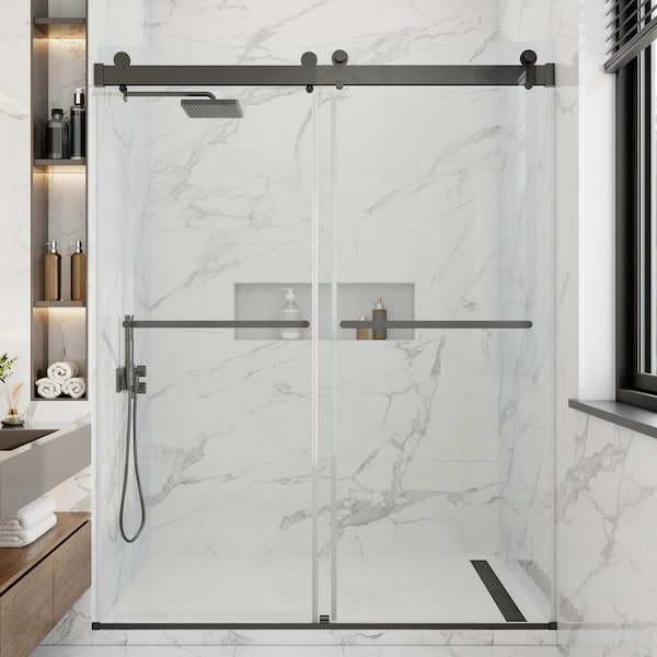 56-60 in. W x 76 in. H Double Sliding Frameless Soft Close Shower Door in Matte Black with 3/8 in. Clear Glass