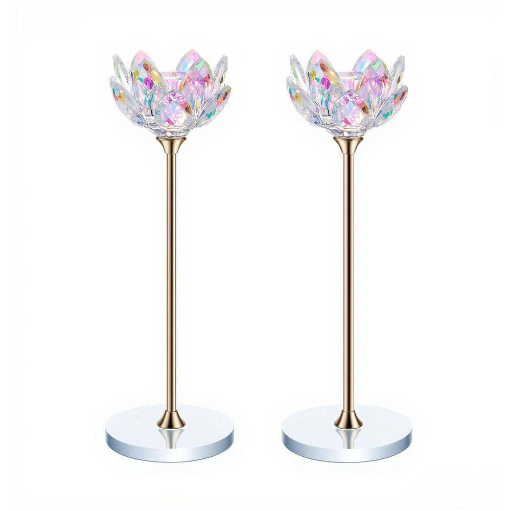 Set of 2 Multi-Colored Crystal Lotus Candle Holders with Mirror