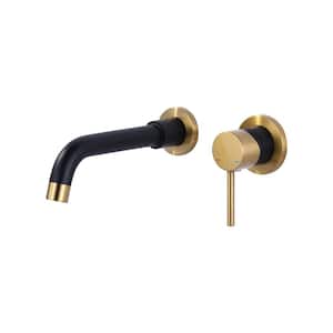 Single Handle Wall Mounted Bathroom Faucet in Black and Gold, Swivel Spout Basin Faucet with Rough-in Valve