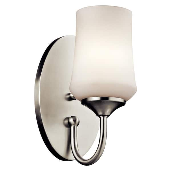 Aubrey 1-Light Brushed Nickel Bathroom Indoor Wall Sconce Light with Satin Etched Cased Opal Glass Shade