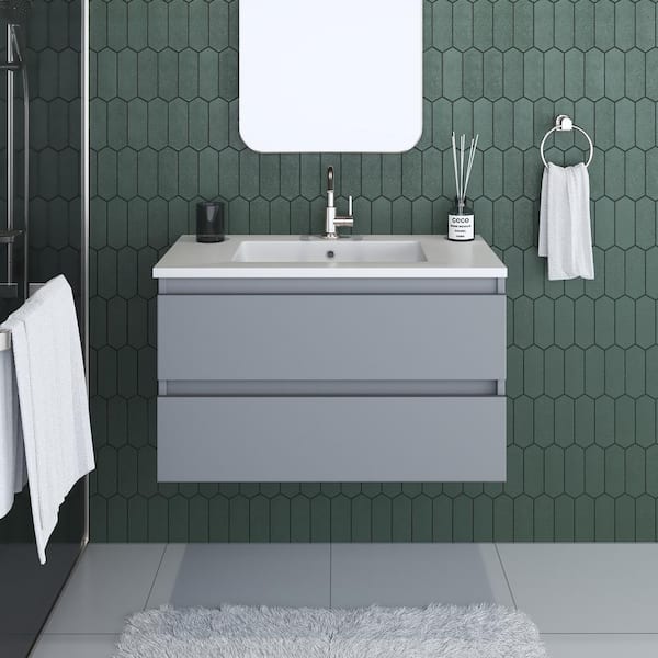 VOLPA USA AMERICAN CRAFTED VANITIES Salt 30 in. W x 20 in. D Bath Vanity in Gray with Acrylic Vanity Top in White with White Basin