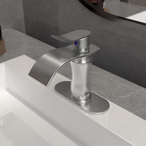 Waterfall Single Hole Single-Handle Low-Arc Bathroom Faucet With Supply Line In Brushed Nickel