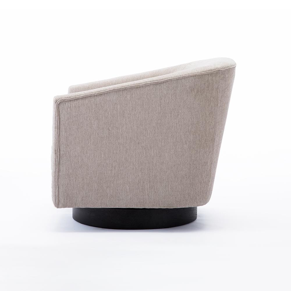 Donovan Oatmeal Fabric and Black Wood Swivel Barrel Chair
