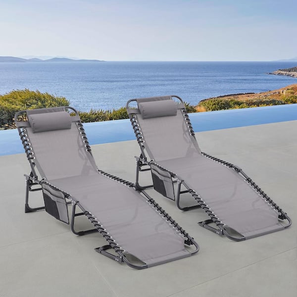 Sudzendf Set of 2 Metal Textilene Outdoor Folding Waterproof Loungers with Pillows and Side Pockets for Lawn Sunbathing Dark Gray