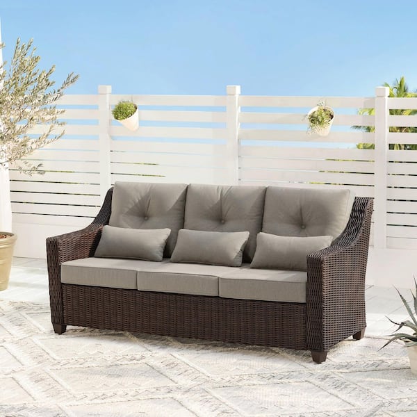 Thaddeus 74 in. Flared Arm Fabric Wicker Straight Oversized  Rectangle 3-Seater Sofa in Brownish Gray,Weather Resistant