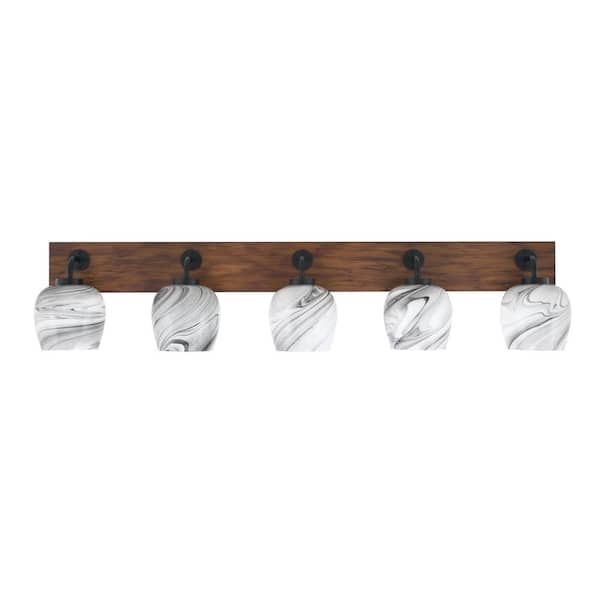 Unbranded Kirby 46.75 in. 5 Light Black and Painted Wood-look Vanity Light with 6 in. Onyx Swirl Glass Shades No Bulbs Included