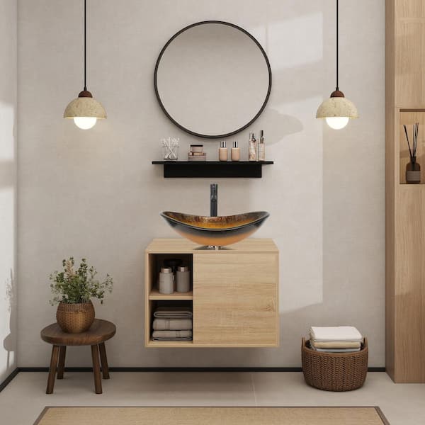 24 in. W x 19 in. D x 17 in. H Single Sink Burlywood Bath Vanity with Black/Gold Solid Surface Top Sink and Mirror