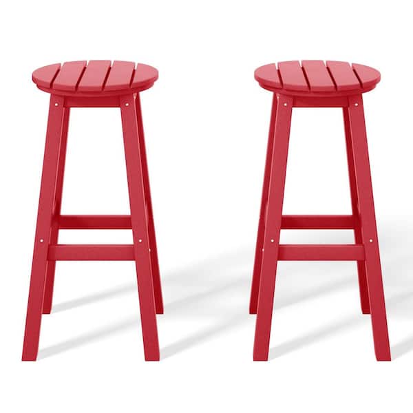 Laguna 29 in. HDPE Plastic All Weather Backless Round Seat Bar Height Outdoor Bar Stool in Red (Set of 2)