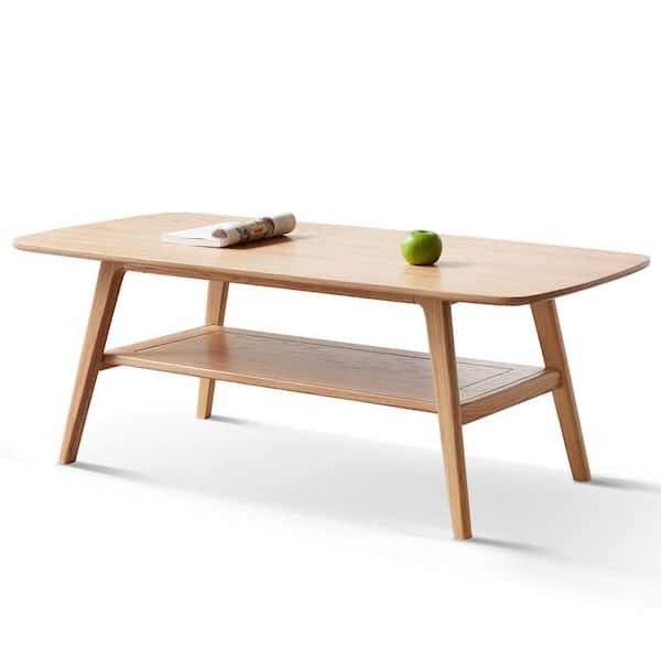 Natural 39.4 in. Oak Wood Center Table Low Coffee Table End Table with Storage Shelf Writing Desk for Living Room