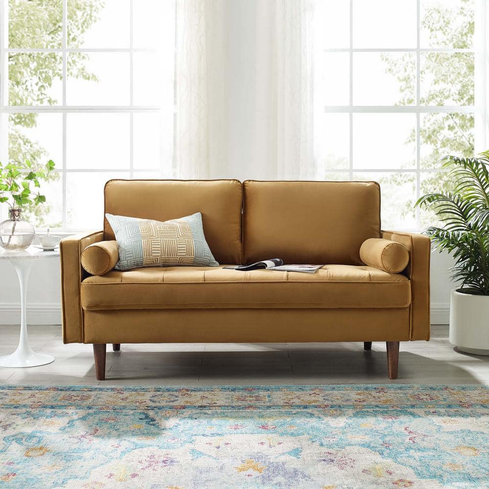 Cognac Faux Leather Tufted Loveseat with Removable Cushions and Wood Legs