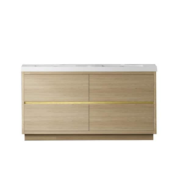 Boosicavelly 60 in. W x 20 in. D x 35 in. H Double Sink Freestanding Bath Vanity in Oak Natural Wood with White Solid Surface Top