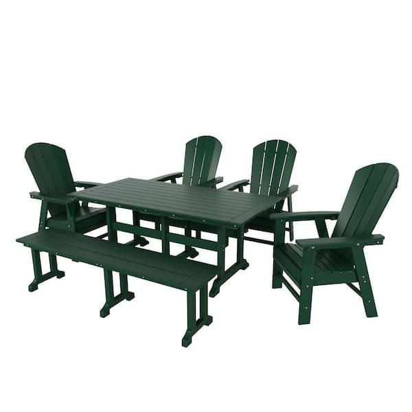 Laguna Dark Green 6-Piece HDPE Plastic Outdoor Dinning Set with Bench