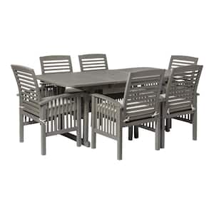Grey Wash 7-Piece Classic Wood Patio Outdoor Dining Set with White Cushions