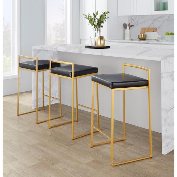Lumisource Fuji 27.75 in. Black Faux Leather and Gold Metal Stackable Counter Stool (Set of 3)