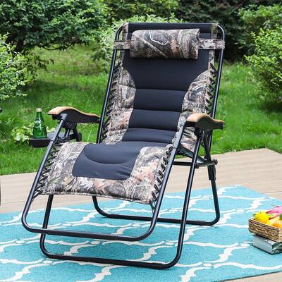 Black and Camouflage Metal Oversized Padded Folding Zero Gravity Chair with Cup Holder Outdoor Patio Adjustable Recliner