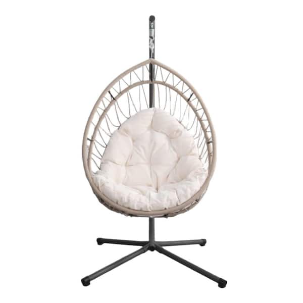 Black Metal Patio Swing with Light Beige Cushion with Stand