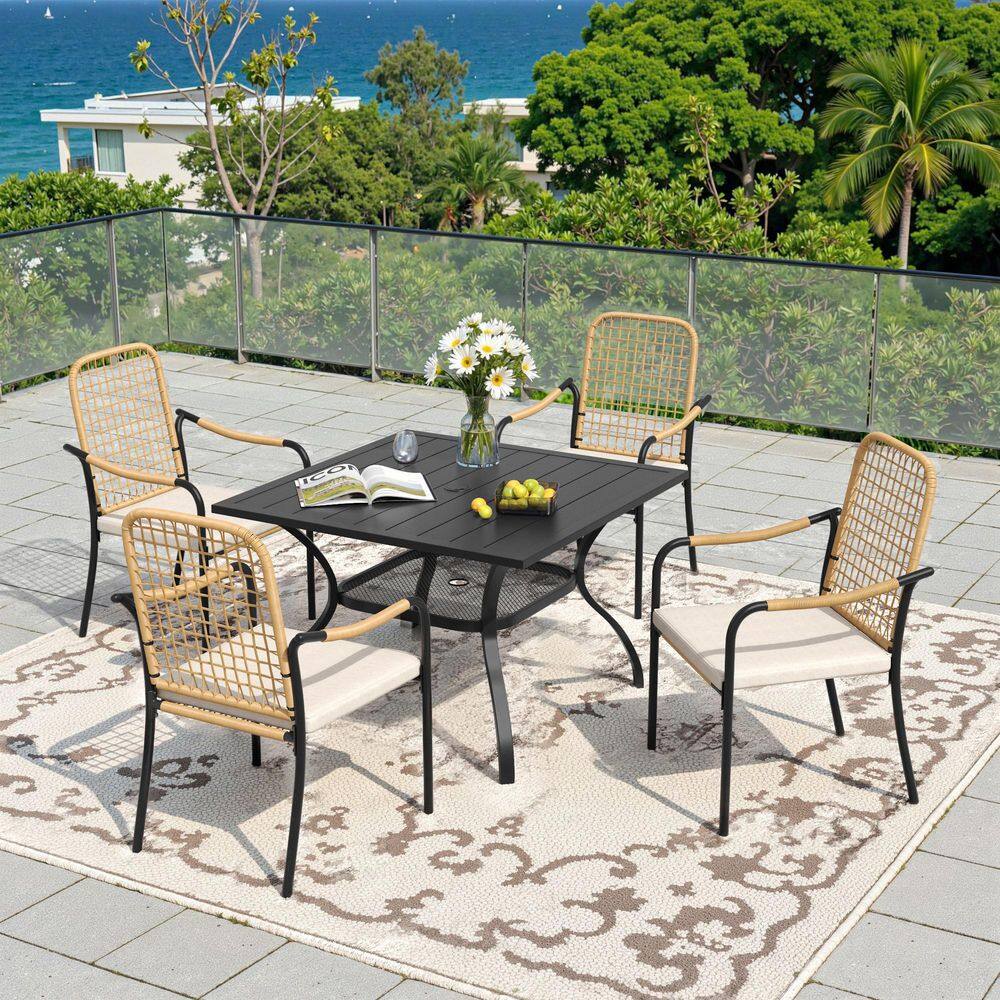 5-Piece Metal Outdoor Dining Set with 37.8 in. Black Square Dining Table and 4 Wicker Dining Chairs with Beige Cushions price history on PriceWatchPro