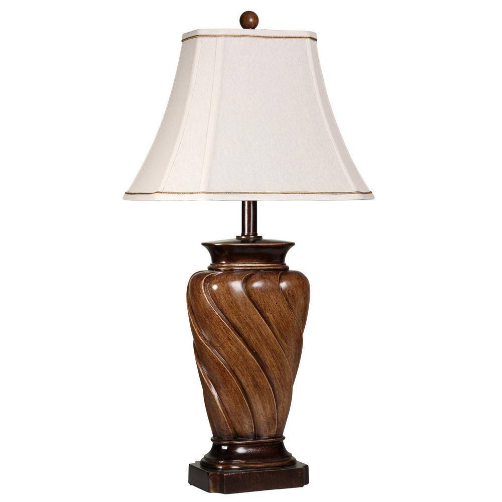 Toffee Wood Finish Table Lamp with White Fabric Shade