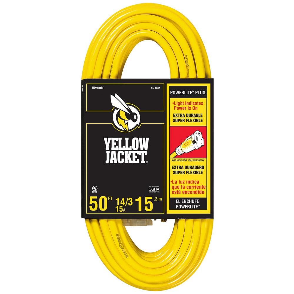 Locking Extension Cord, Outdoor, 15.0, 125V AC, Number of Outlets 1, Yellow  with Black Stripe - Grainger