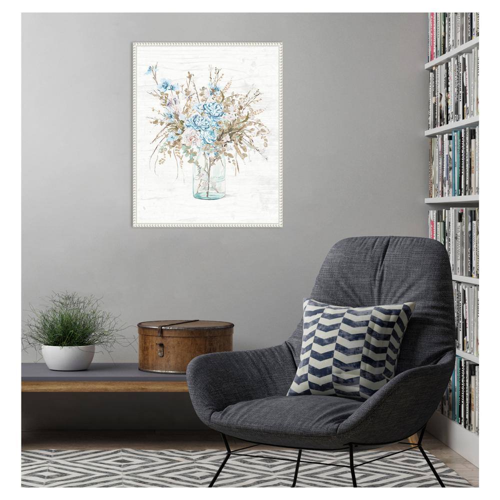 Blue Flowers in Glass Vase Canvas Wall Art with White Frame