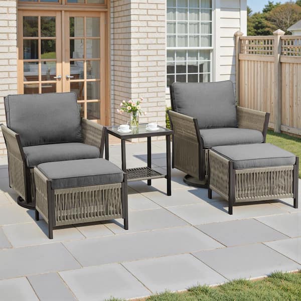 5-Piece Wicker Patio Conversation Set, Including Chairs, Footrests, Side Tables and Darkgray Cushions