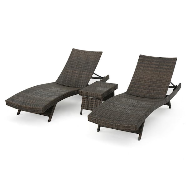Noble House Mixed Mocha 3-Piece Faux Rattan Outdoor Chaise Lounge and Table Set