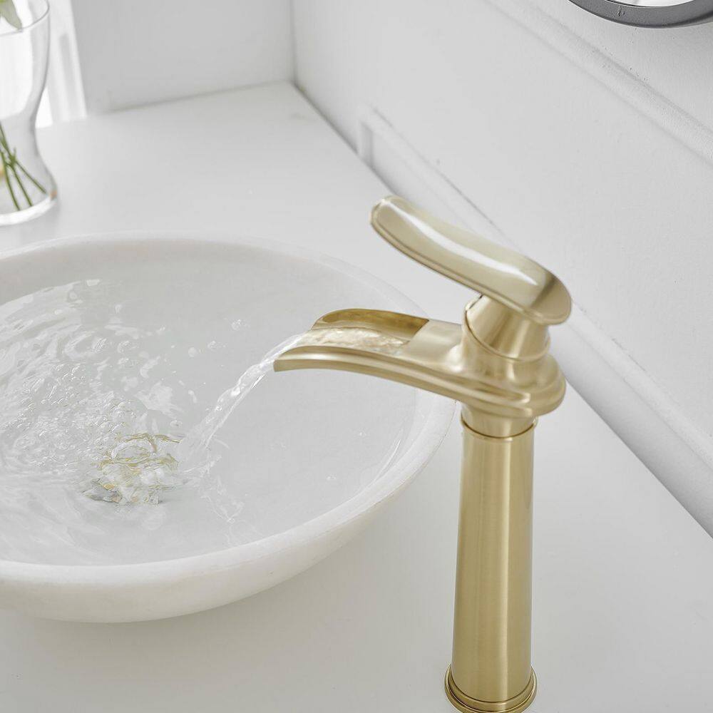 Brushed Gold Tall Single Handle Waterfall Vessel Sink Faucet