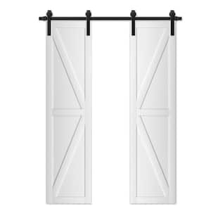 42 in. x 84 in. 3-Lite Frosted Glass White Finished Composie MDF Double Sliding Barn Door with Hardware Kit